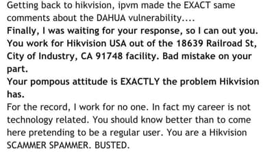 Hikvision Marketer Caught Spamming, Fails at Coverup, Fired