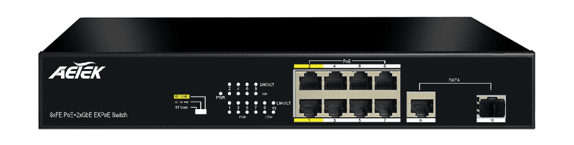 Switch PoE trong nhà AETEK C11-082-31-120 Fast Ethernet, cổng EX cho camera ở cổng rào
