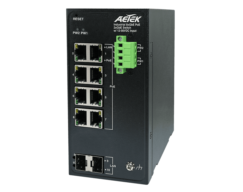 Switch PoE công nghiệp AETEK D40-082-30-DC unmanaged Gigabit, IP30, phiên bản DC