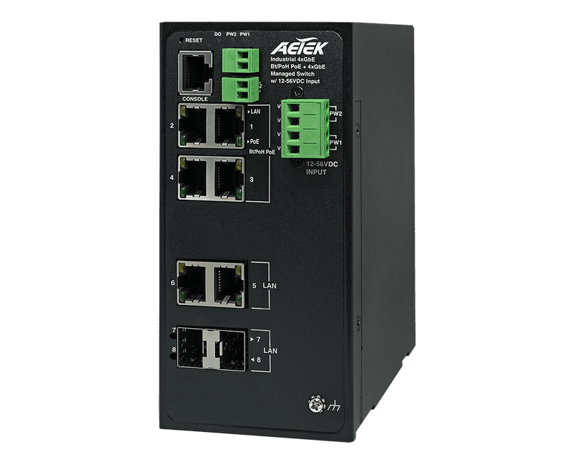 Switch PoE công nghiệp AETEK D60-044-91-DC L2+ managed, bản nguồn DC cho tủ hiện trường