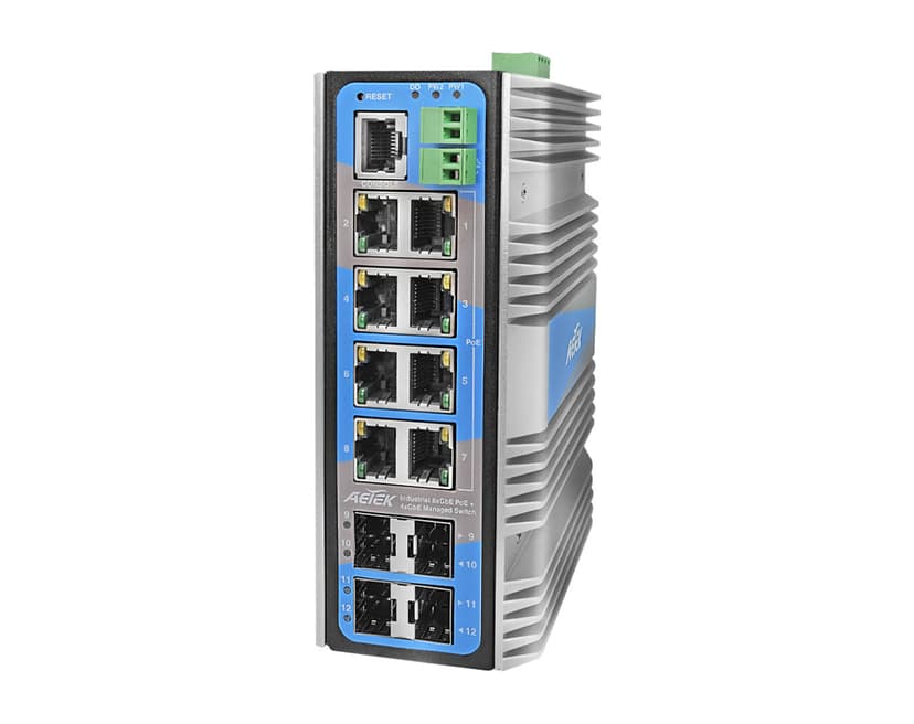 Switch PoE công nghiệp AETEK D60-084-90 8 cổng Gigabit PoE 90W, 802.3bt, L2+ managed