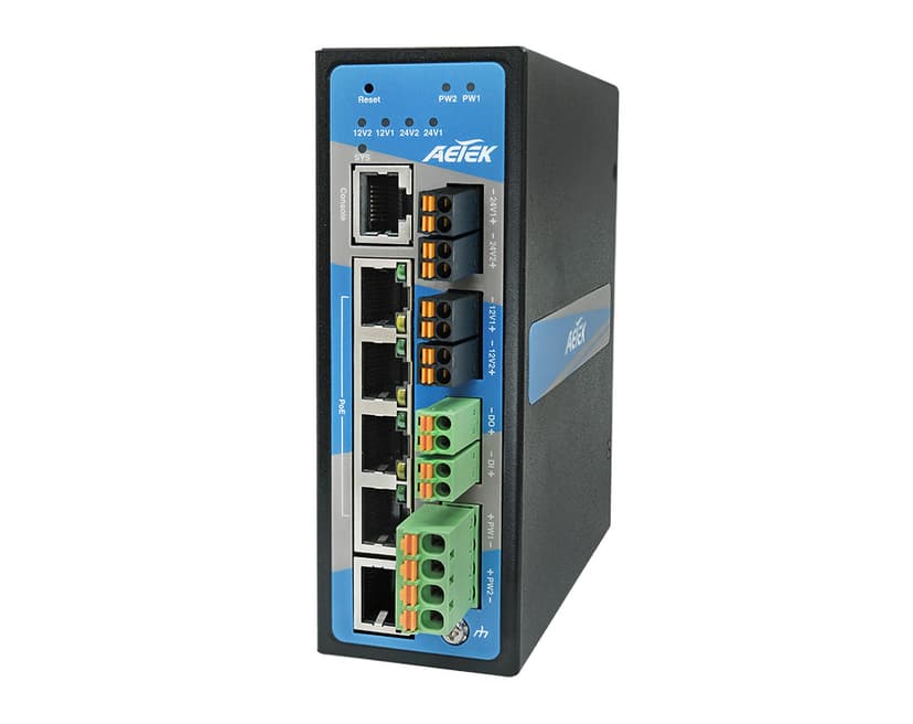 Switch PoE công nghiệp AETEK D62-041-30-DC có quản lý, ngõ ra 12/24VDC, khe SFP