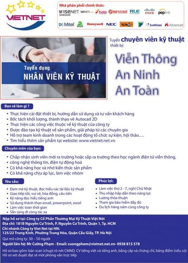 Tuyển nhân sự phòng kỹ thuật trong lĩnh vực phân phối Viễn Thông, An Ninh, An Toàn – Làm việc tại Văn phòng HCM