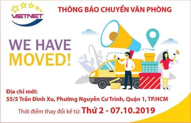 Thông báo chuyển văn phòng công ty Viet Net về 55/5 Trần Đình Xu, Quận 1, HCM