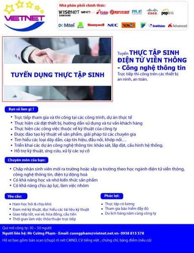 Tuyển thực tập sinh điện tử viễn thông & công nghệ thông tin