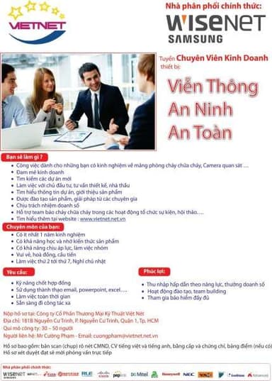 Tuyển nhân sự phòng kinh doanh trong lĩnh vực phân phối thiết bị: Viễn Thông, An Ninh, An Toàn