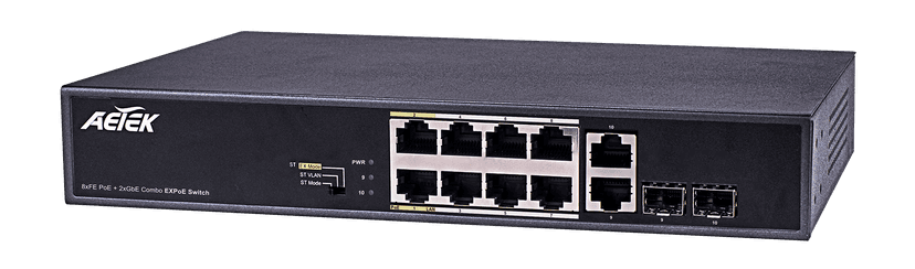 Switch EXPoE AETEK C11-082-32-120-V2 unmanaged, dung sai điện áp 20%, chống sét AC/PoE