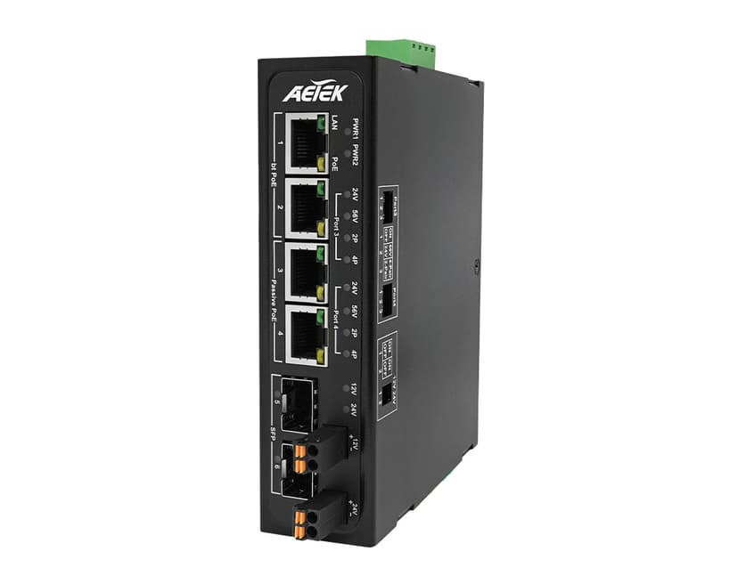 Switch PoE công nghiệp AETEK D42-042-91 PoE bt 90W, PoE thụ động, đầu ra 12/24VDC
