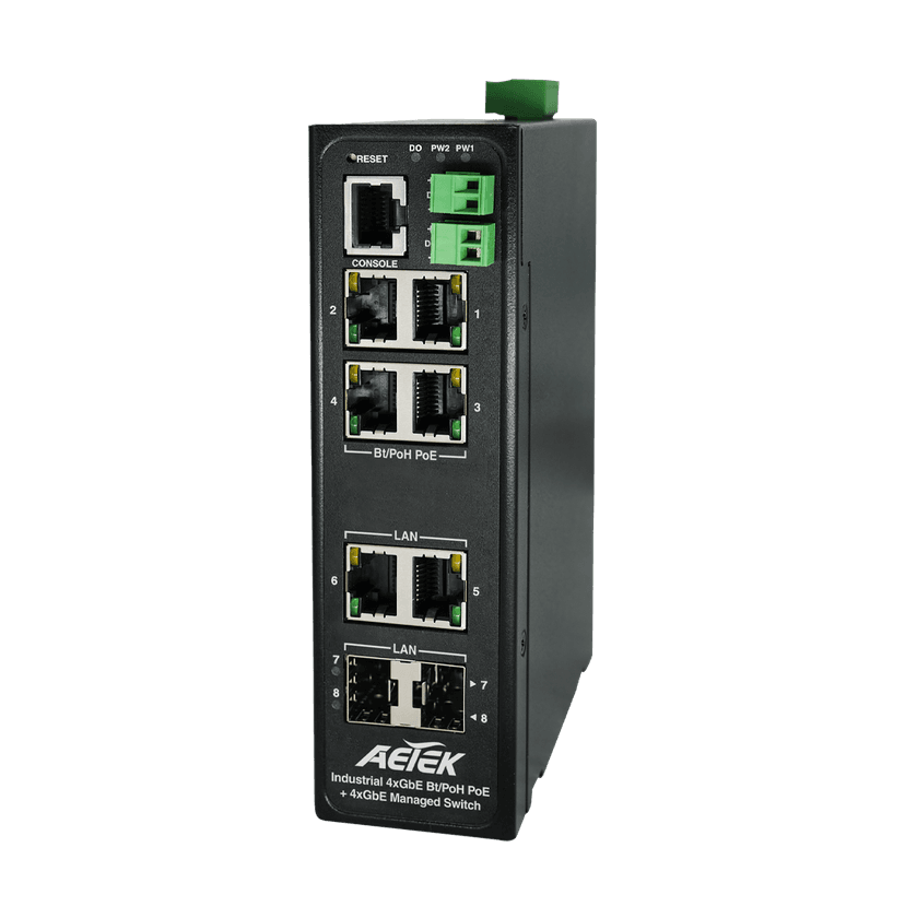 Switch PoE công nghiệp AETEK D51-044-91 L2 managed Gigabit, khe SFP, chống sét 6KV
