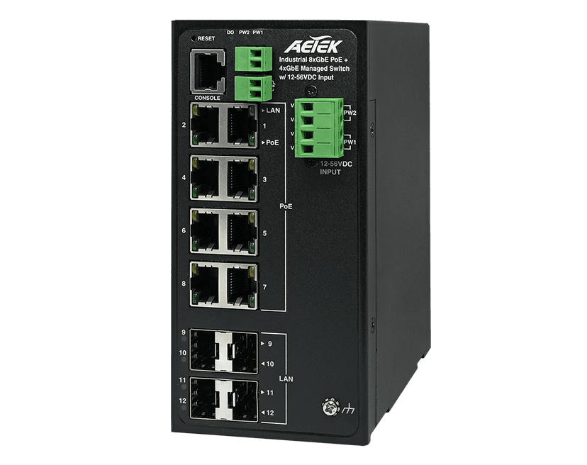 Switch PoE công nghiệp AETEK D51-084-30-DC L2 managed, Gigabit PoE, nguồn DC