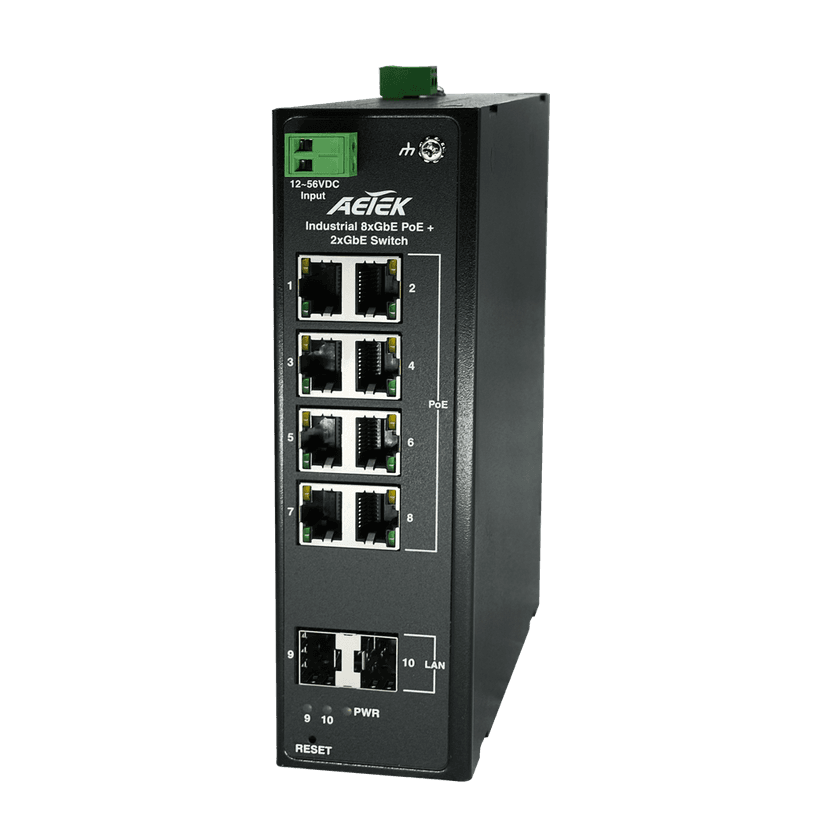 Switch PoE công nghiệp AETEK H36-082-30 8 cổng Gigabit PoE 30W, nguồn 12~56VDC, 12KV