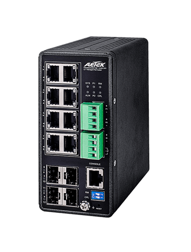 Switch PoE công nghiệp AETEK H70-084-30 L2+ 8 cổng PoE 30W, 4 SFP, quản lý camera ONVIF