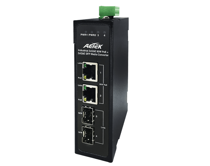 Bộ chuyển đổi quang điện PoE AETEK M30-022-91-V2 Gigabit 90W, 2 SFP + 2 RJ45