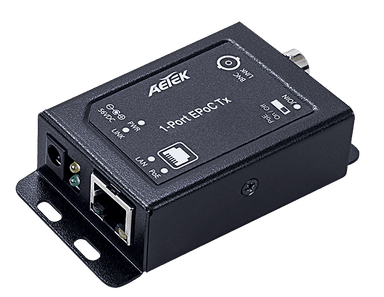 Bộ chuyển đổi EPoC AETEK XE10-110-TX đặt phía camera, nhận PoE qua cáp đồng trục