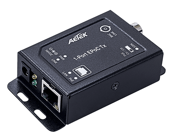 Bộ chuyển đổi EPoC AETEK XE10-110-TX đặt phía camera, nhận PoE qua cáp đồng trục